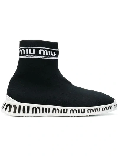 Shop Miu Miu Sock Style Logo Boots In Black