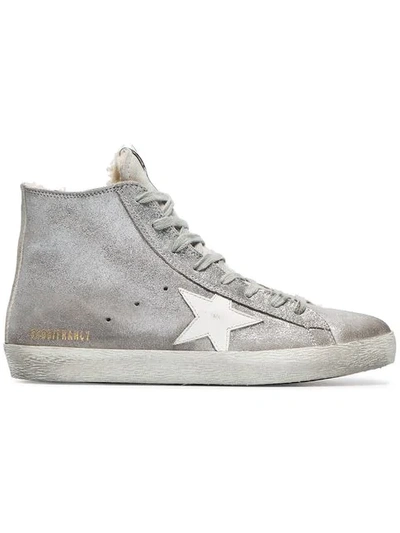 Shop Golden Goose Silver Sheepskin Lined Suede High Top Sneakers