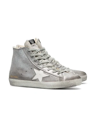 Shop Golden Goose Silver Sheepskin Lined Suede High Top Sneakers