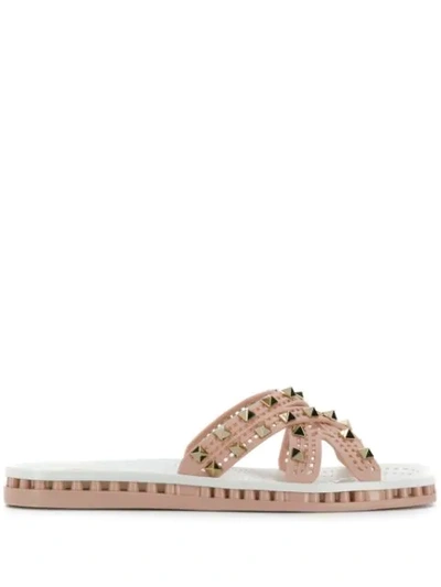 Shop Valentino Rockstud Slides In Neutrals