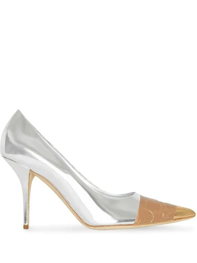 Shop Burberry Tape Detail Mirrored Pumps In Silver