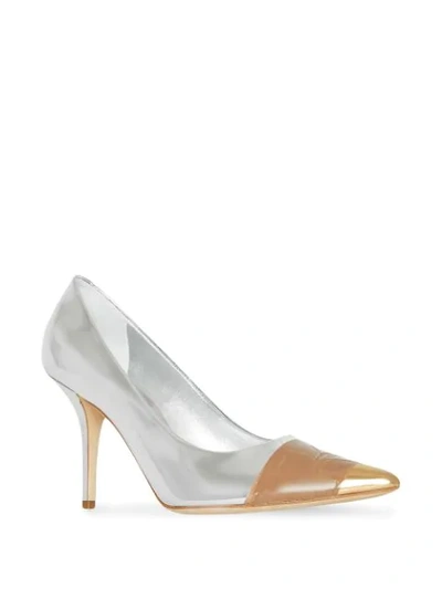 Shop Burberry Tape Detail Mirrored Pumps In Silver