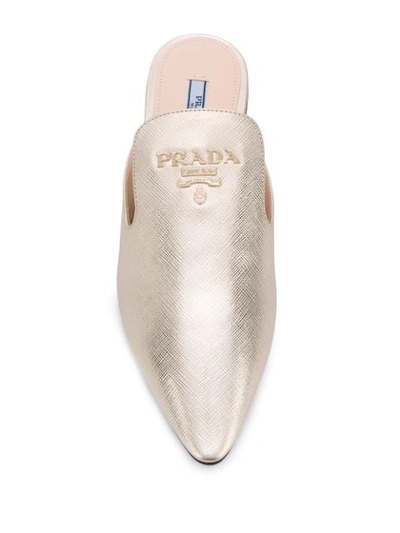 Shop Prada Logo Plaque Mules In Gold