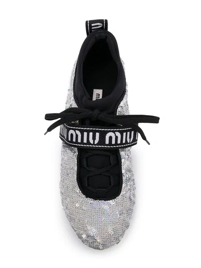 Shop Miu Miu Sequin Logo Sneakers In Silver