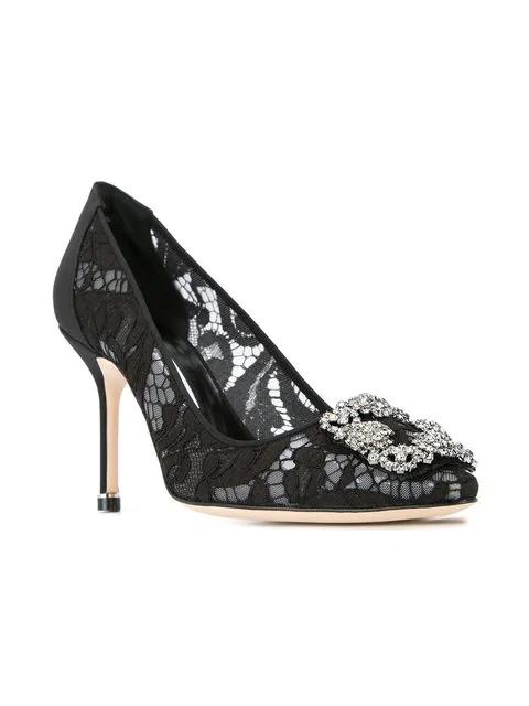 Manolo Blahnik Hangisila 105 Embellished Lace Pumps In Black | ModeSens