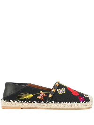 VALENTINO VALENTINO GARAVANI EMBROIDERED FLORAL ESPADRILLES - 黑色