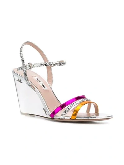 Shop Miu Miu Glitter Wedge Sandals In Silver
