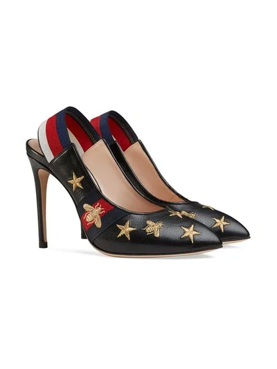 Shop Gucci Embroidered Leather Web Slingback Pump In Black