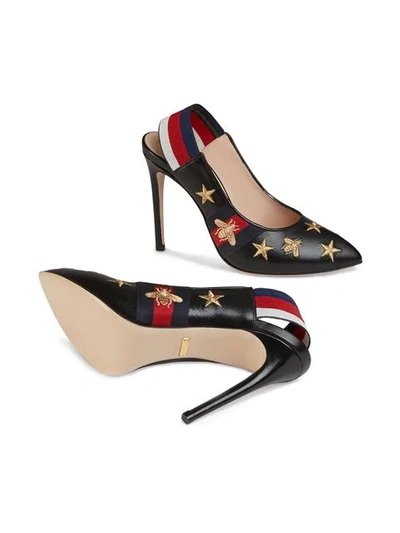 Shop Gucci Embroidered Leather Web Slingback Pump In Black