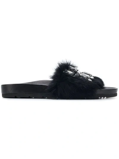 Shop Kennel & Schmenger Fur And Gemstone Strap Slides In Black