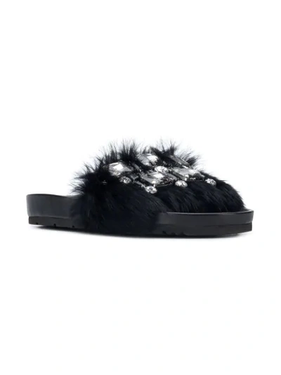 Shop Kennel & Schmenger Fur And Gemstone Strap Slides In Black