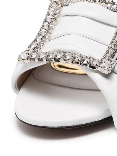 Shop Alexandre Vauthier White Lola Crystal Buckle Embellished Leather Sandals