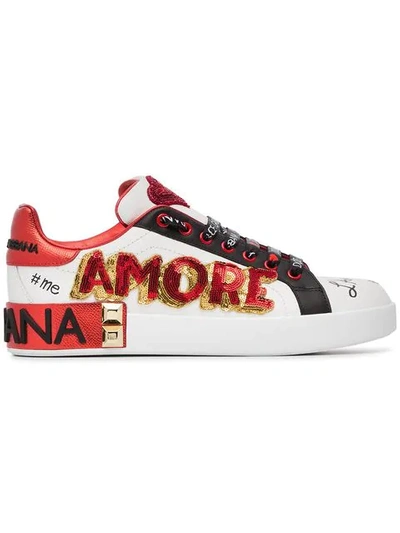 Shop Dolce & Gabbana White, Red And Black Amore Heart Embroidered Leather Sneakers