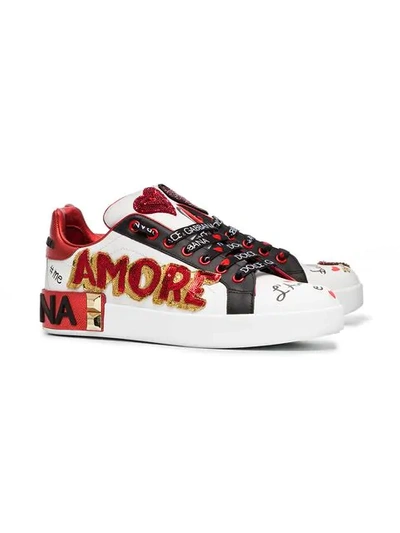 Shop Dolce & Gabbana White, Red And Black Amore Heart Embroidered Leather Sneakers