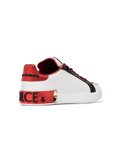 Shop Dolce & Gabbana White, Red And Black Amore Heart Embroidered Leather Sneakers