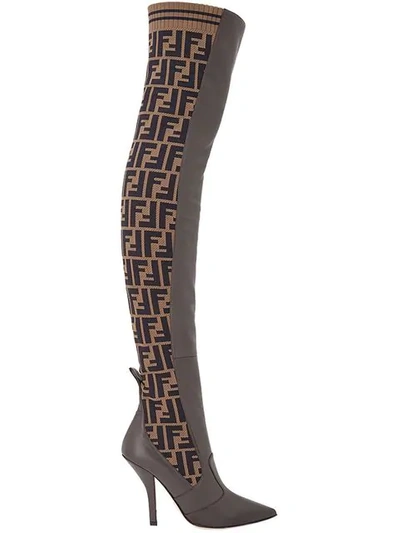 Shop Fendi Ff Motif Thigh-high Boots In Brown