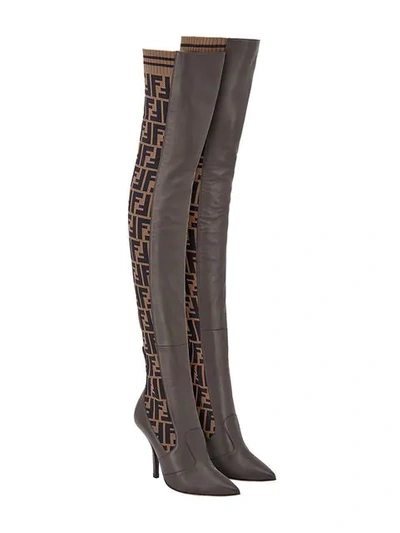 Shop Fendi Ff Motif Thigh-high Boots In Brown