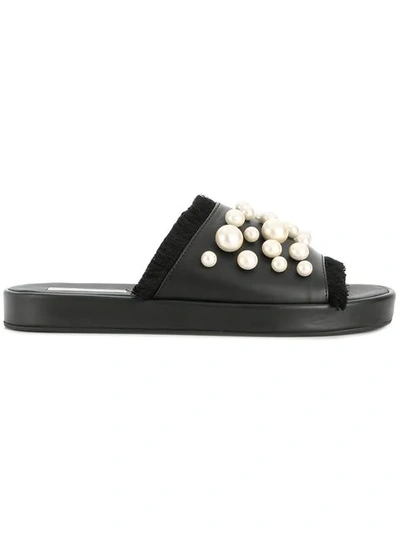 Shop Tosca Blu Pearl Embellished Slides In Black