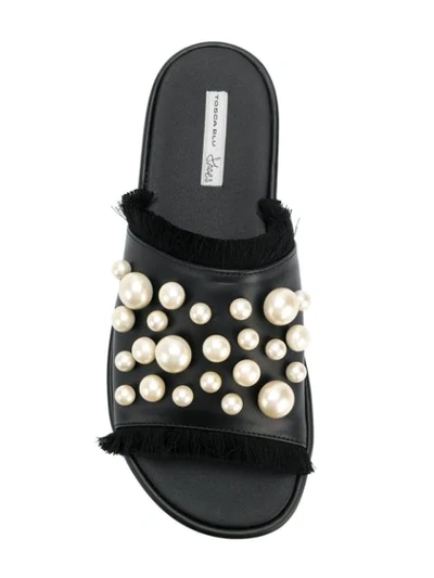 Tosca Blu Pearl Embellished Slides In Black