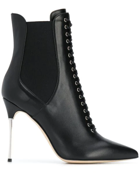 black leather stiletto ankle booties