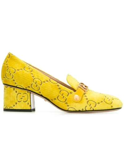 Shop Gucci Velvet Gg Logo Loafers In Yellow