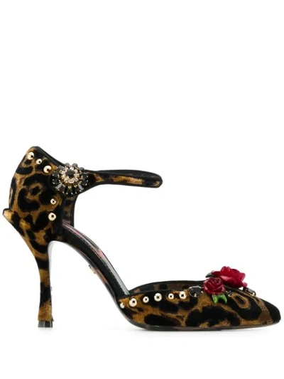 Shop Dolce & Gabbana Leopard Print Crystal Sandals In Brown