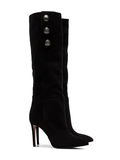 Shop Balmain Black Jane 95 Buttoned Suede Knee-high Boots