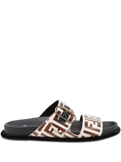 Shop Fendi Ff Motif Double-strap Flat Sandals In Brown