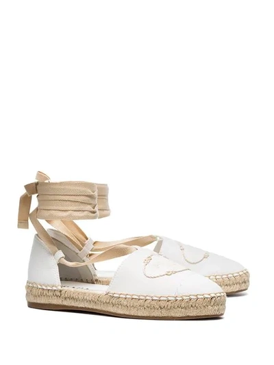 PRADA WHITE ANKLE TIE CANVAS ESPADRILLE SANDALS - 白色