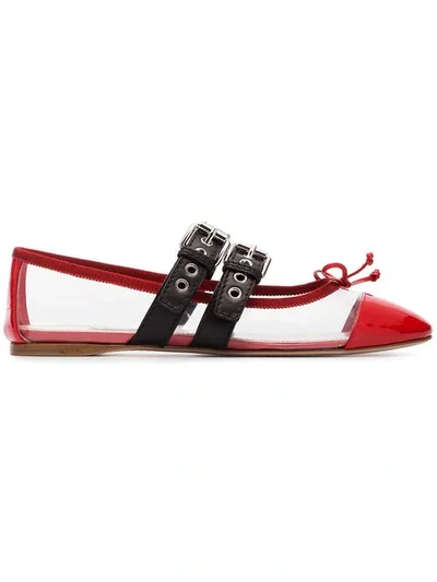 Shop Miu Miu Red And Black Buckle Pvc Ballerina Flats In F0f6x Rosso