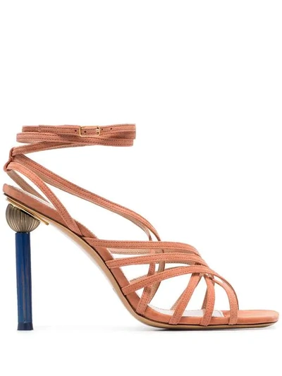 Shop Jacquemus Salmon Pisa 110 Ornament Heel Strappy Suede Sandals In Neutrals