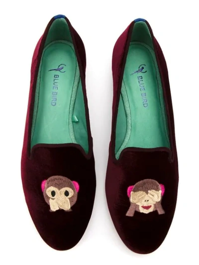 Shop Blue Bird Shoes Embroidered Velvet Monkey Loafers In Red