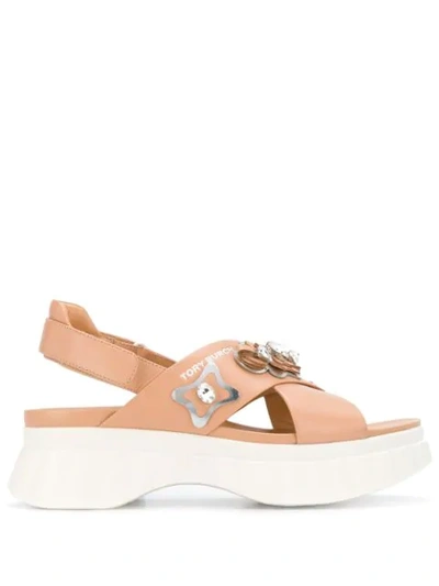 Shop Tory Burch Embellished Cross Strap Sandals In Neutrals