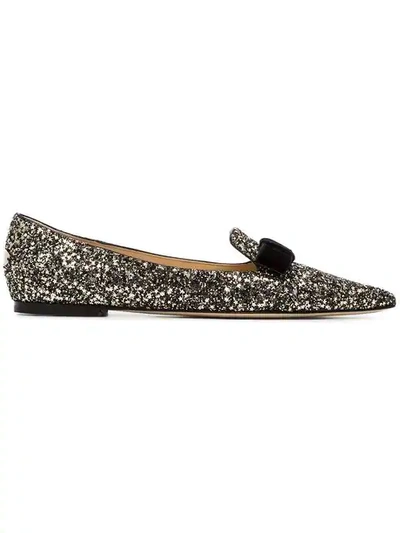 Shop Jimmy Choo Gala Logo Embellished Glitter Leather Slippers In Metallic