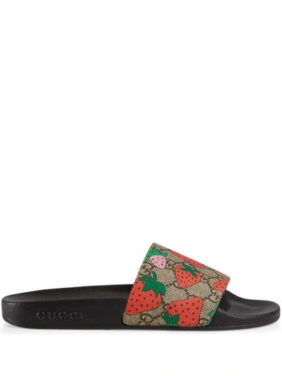Shop Gucci Gg  Strawberry Slide Sandal In Black