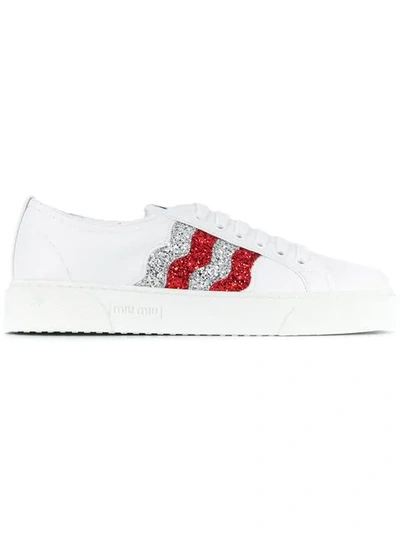 Shop Miu Miu Glitter Stripe Sneakers In F0970 White Red