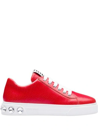 Shop Miu Miu Crystal Studded Low Sneakers In Red