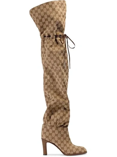 Shop Gucci Original Gg 85mm Canvas Over-the-knee Boots In Neutrals