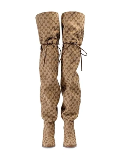Shop Gucci Original Gg 85mm Canvas Over-the-knee Boots In Neutrals