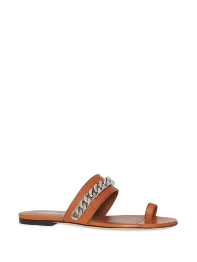 Shop Burberry Chain Detail Leather Sandals In Brown