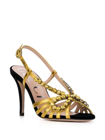Shop Gucci Crystal-embroidery Metallic Sandals In Gold