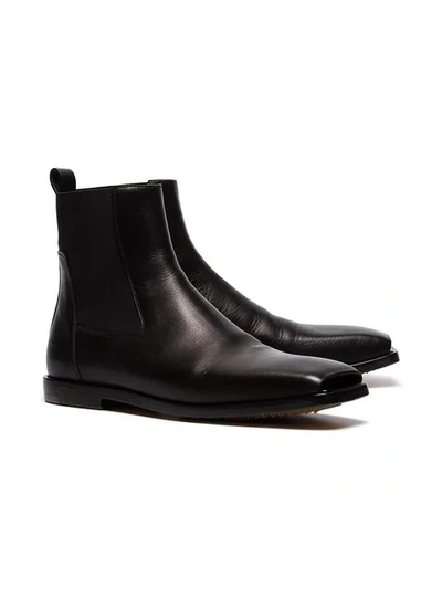 RICK OWENS BLACK SQUARE TOE LEATHER ANKLE BOOTS - 黑色