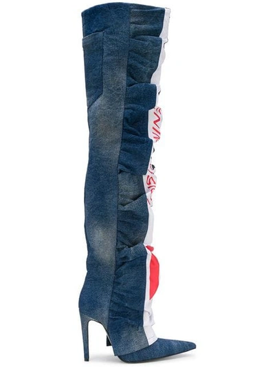 Shop Diesel Red Tag Ruched Denim Over The Knee Boots In Blue