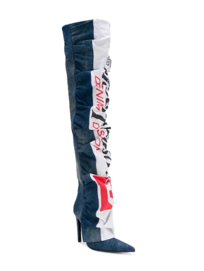 Shop Diesel Red Tag Ruched Denim Over The Knee Boots In Blue