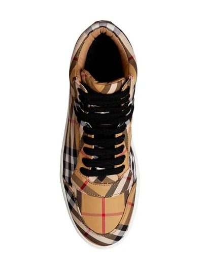 Shop Burberry Vintage Check Cotton High-top Sneakers In Yellow