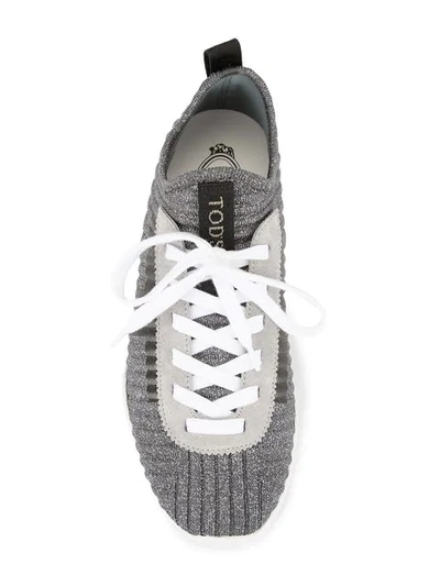 Shop Tod's Ribbed Lace-up Sneakers In Silver