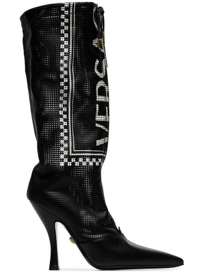 VERSACE BLACK LOGO 105 LEATHER BOOTS - 黑色