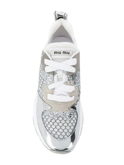 Shop Miu Miu Embroidered Low-top Sneakers In Silver