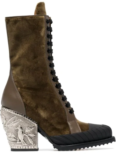 Shop Chloé Brown Rylee 90 Baroque Velvet Lace Up Boots In Green