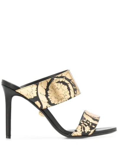 Shop Versace Golden Hibiscus Print Sandals In Black